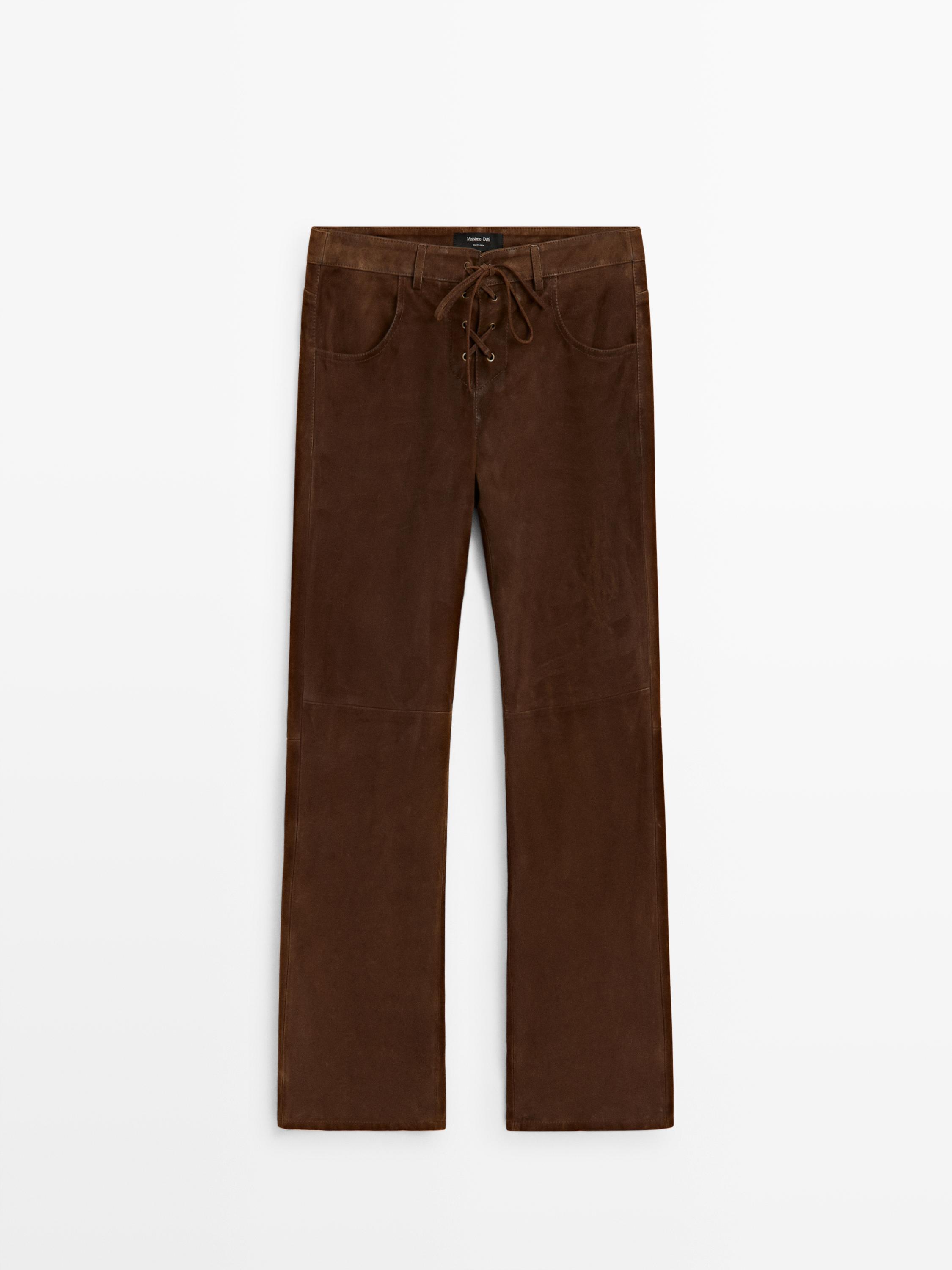 Cropped suede leather trousers with drawstrings — Brown