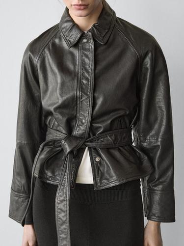 Chaqueta cinturón piel napa - Negro de Zara