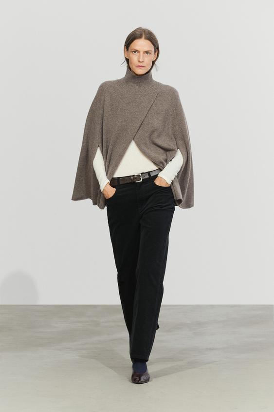 Zara 100% cashmere knit cape with wrap detail - Dark khaki - Image 0