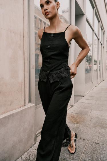 بنطلون كولوت حافة سفلية بتطريزات - أسود الخاص بـ Zara