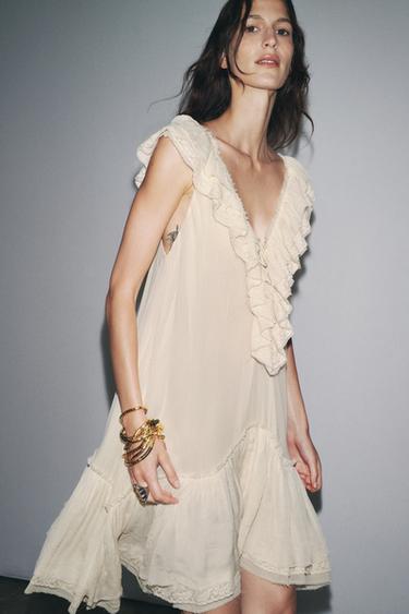 Zara ZW COLLECTION RUFFLED LACE DRESS - Ecru