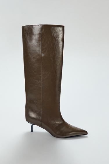 Zara 中跟長靴 - 卡其綠