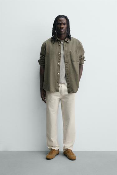 COTTON/LINEN STRAIGHT-LEG TROUSERS - Stone by Zara