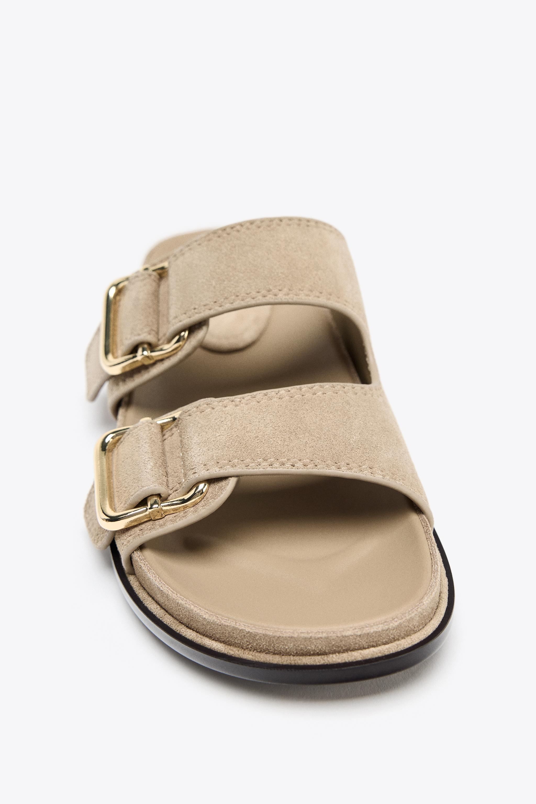 スペイン発送 ZARA スエードストリップ付きフラットサンダル スプリットスエードストラップ フラットサンダル - カーキ
