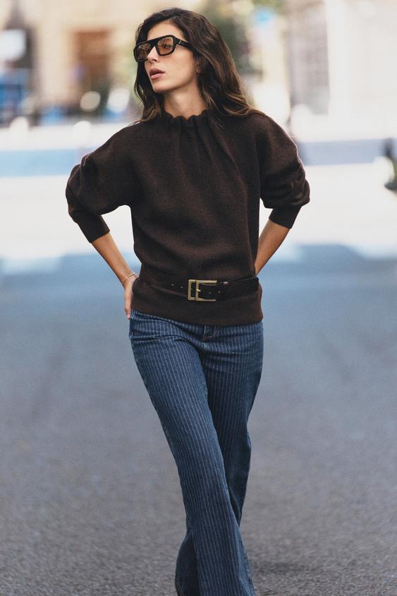 Zara RUFFLED COLLAR KNIT SWEATER - Dark brown - Image 0