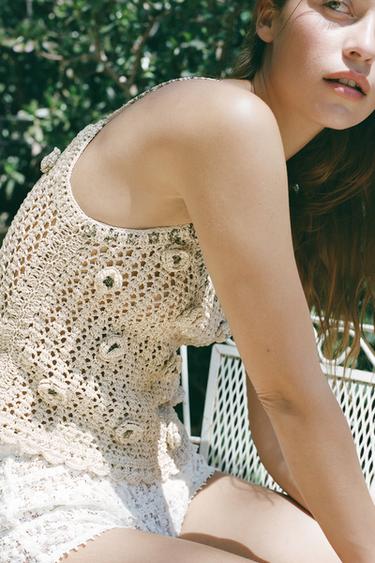 Zara LIMITED EDITION CROCHET TOP WITH RAISED FLOWERS - Beige