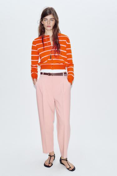 CROPPED TROUSERS WITH DARTS AND BELT - Light pink by Zara