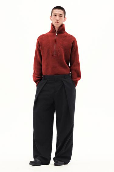 Zara 細條紋打褶長褲 - 海藍色