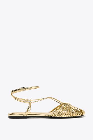 METALLIC-EFFECT STRAPPY CAGE SANDALS - Gold by Zara