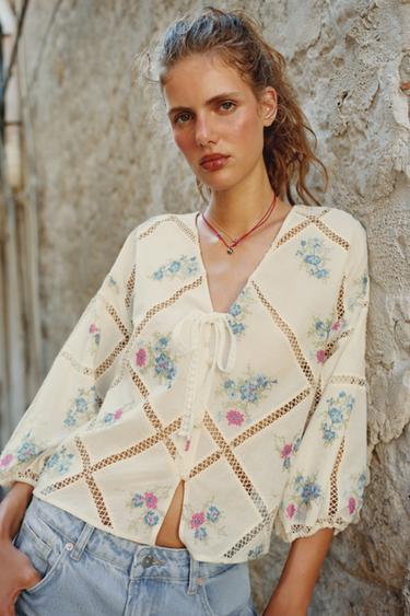 BLOUSE WITH LADDER STITCH AND EMBROIDERY - Multicoloured by Zara