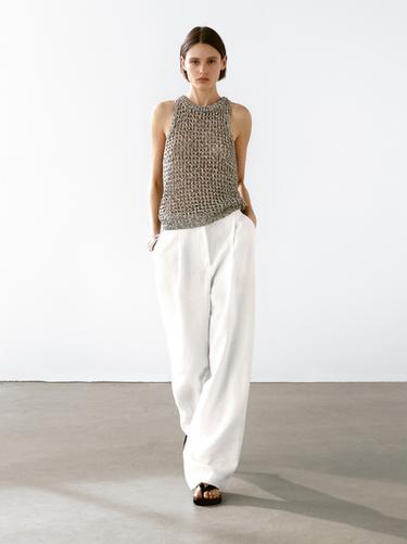 Top ajouré à encolure américaine en coton mélangé - Beige de Zara - Image 0