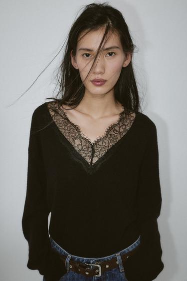 Zara LACE KNIT JUMPER - Black