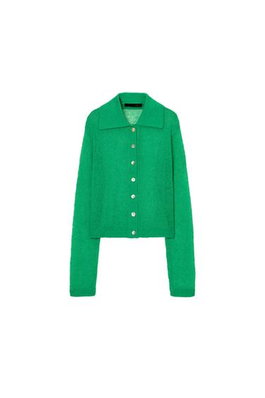 ポロネックニットカーディガングリーンZaraのポロネックニットカーディガン - グリーン 