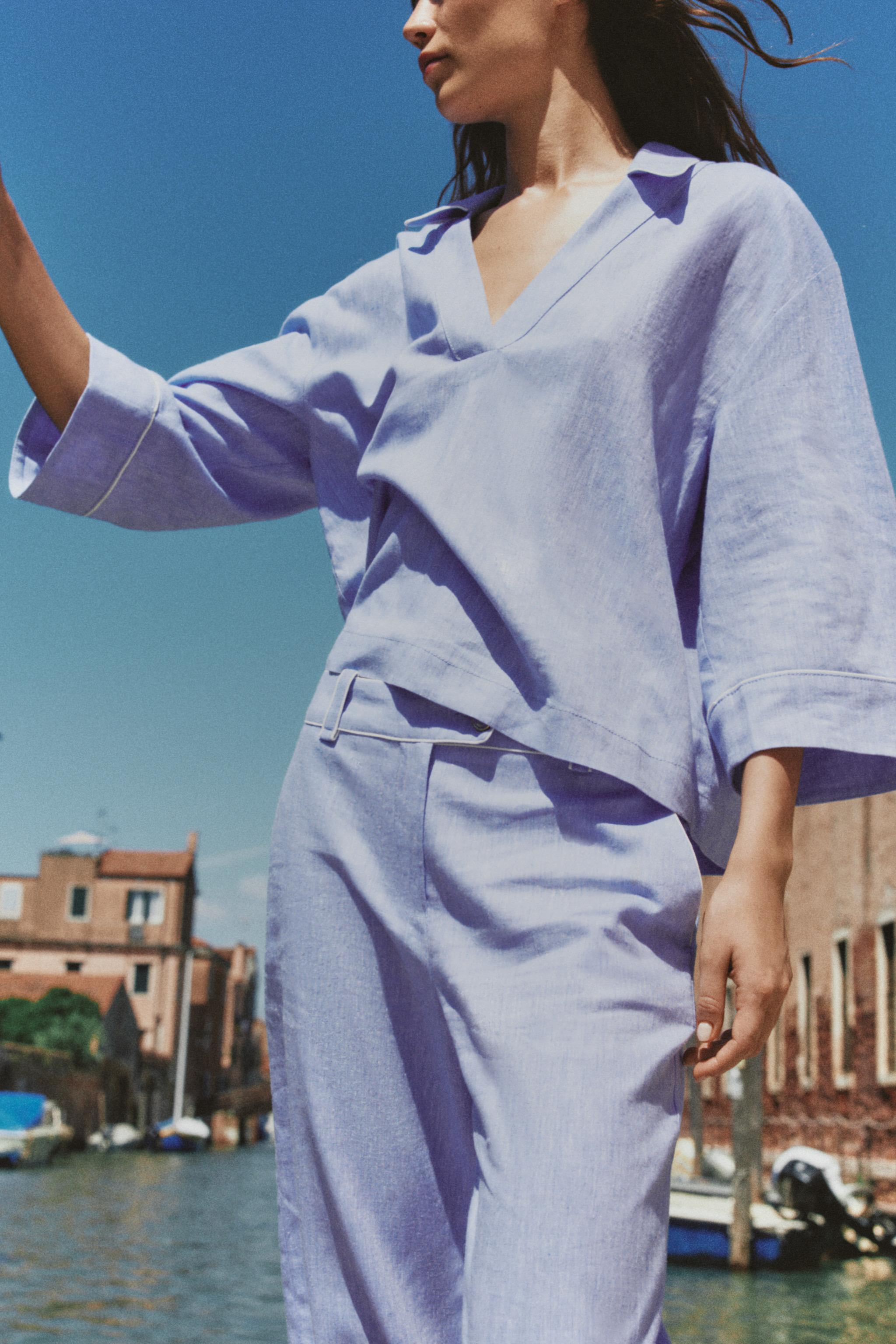 LINEN BLOUSE WITH CONTRAST PIPING — Light blue