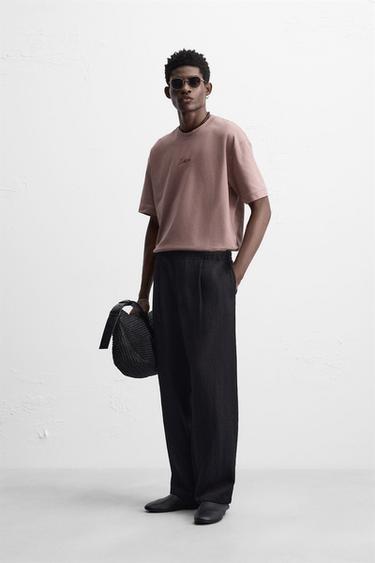 CONTRAST EMBROIDERY T-SHIRT - Pale pink by Zara - Image 0