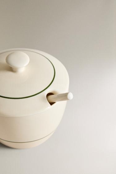 STONEWARE CAFÉ SUGAR BOWL - White / Green by Zara - Image 1
