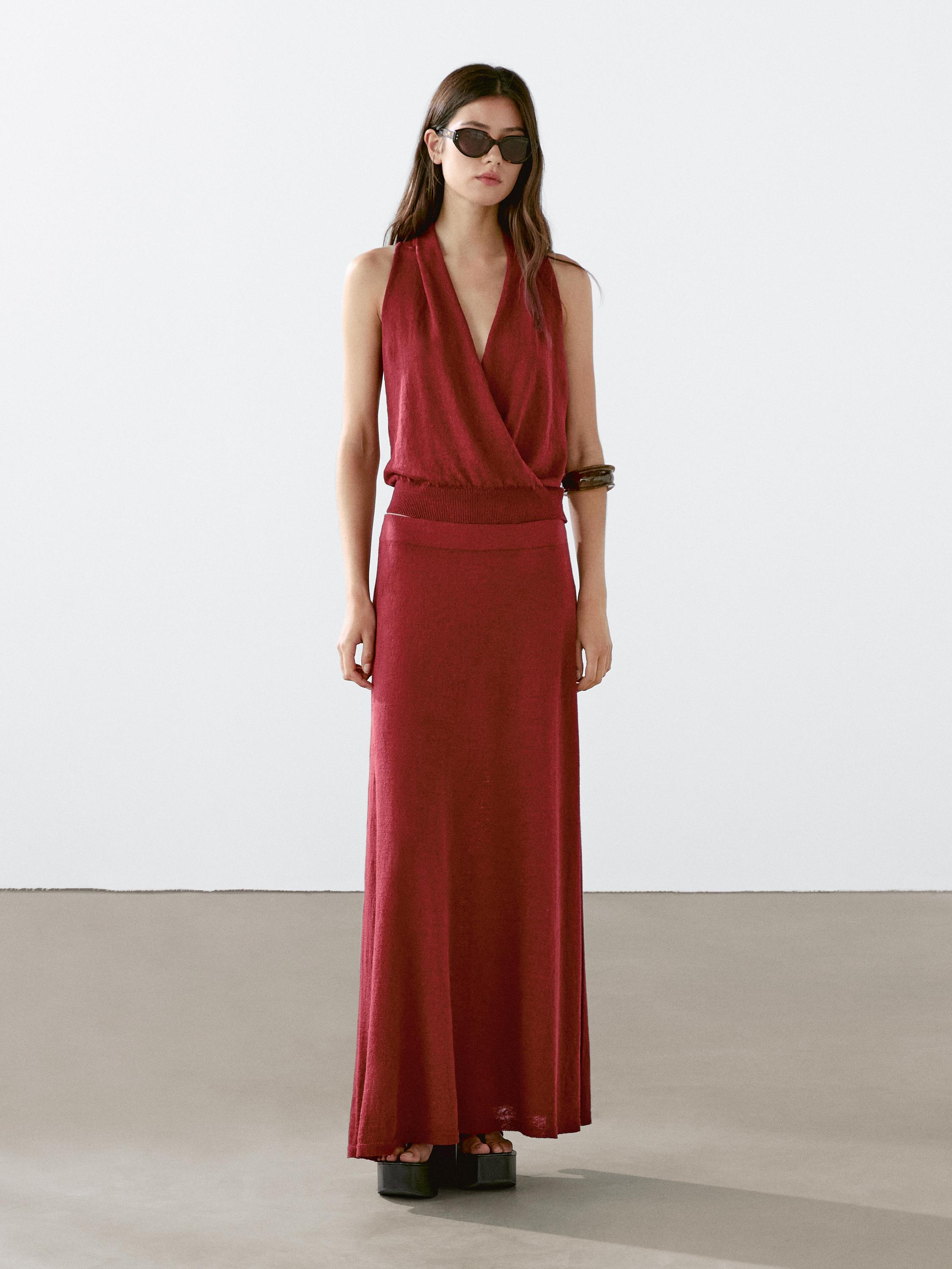 Long linen blend knit skirt