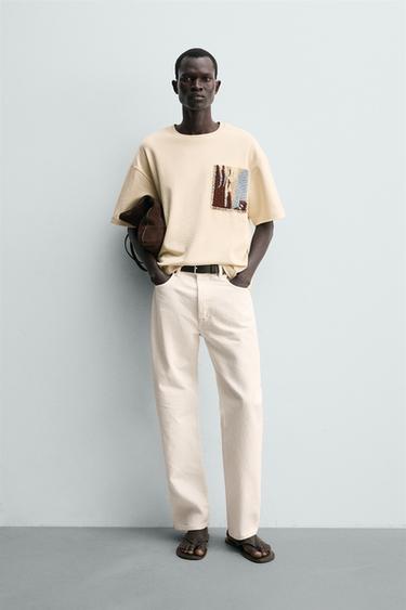 CAMISETA PARCHE TEXTURA COMBINADA - Blanco roto de Zara - Imagen 0