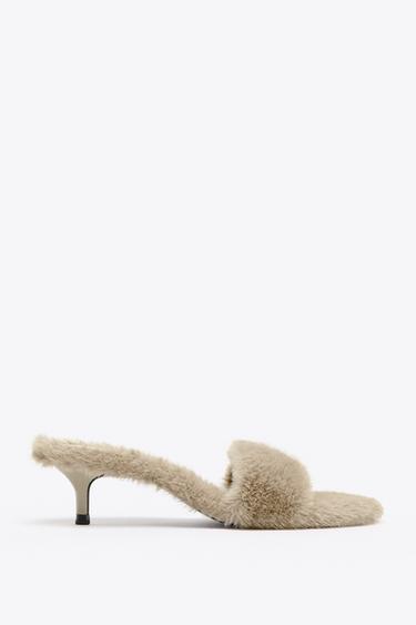 Zara FAUX FUR HEELED SANDALS - Ice