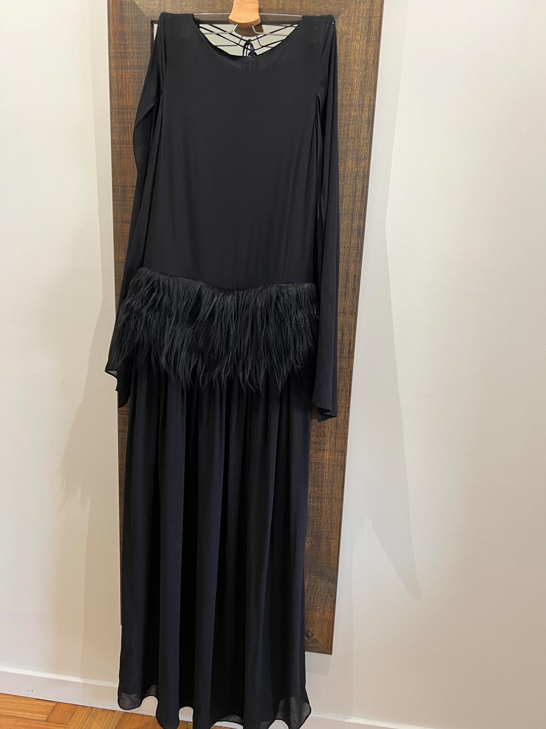 Long black dress with long sleeves and feather detail at the waist, hanging on a wooden hanger on a white background.