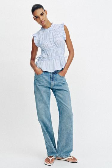 Zara STRIPED STRETCH TOP - Blue / White