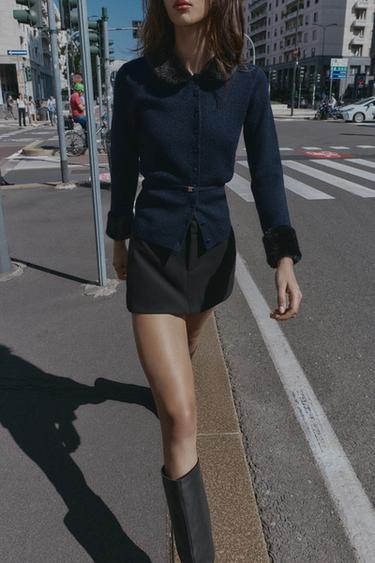 VESTE EN MAILLE COMBINÉE À EFFET FOURRURE - Bleu marine de Zara - Image 1