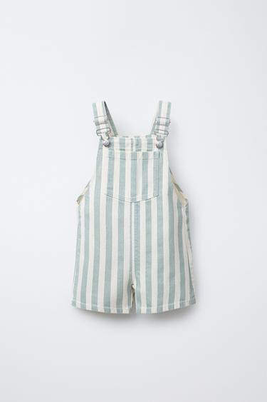 Zara STRIPED TWILL OVERALL SHORTS - Ecru / Blue