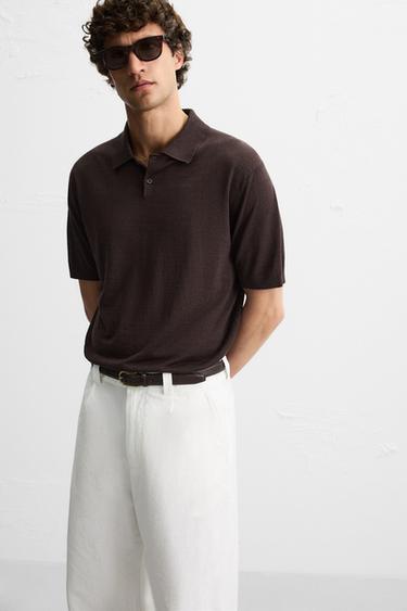 POLO EN MAILLE SOIE ET LIN - Marron foncé de Zara - Image 5