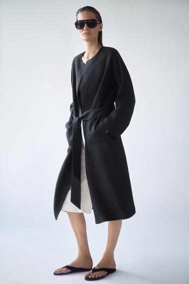 Zara ZW COLLECTION 100% LINEN BELTED COAT - Black