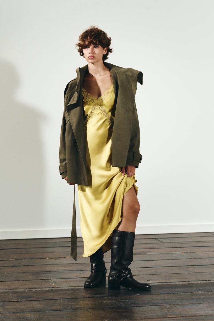 VESTIDO MIDI ACETINADO RENDA Amarelo-toranja ZARA Portugal