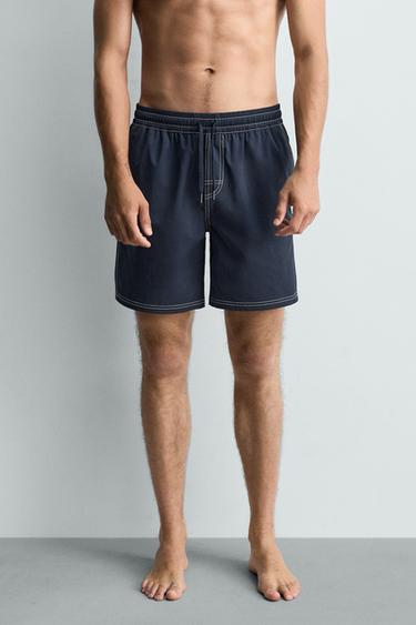 LONG SWIMMING TRUNKS WITH CONTRAST TOPSTITCHING - Navy blue by Zara - Image 2
