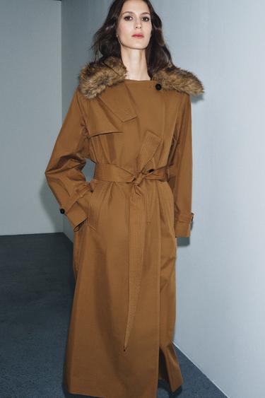Zara FAUX FUR COLLAR TRENCH COAT ZW COLLECTION LIMITED EDITION - Caramel