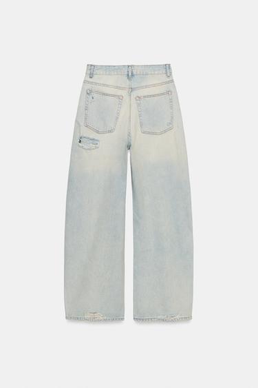Zara TRF MID-RISE RIPPED BAGGY JEANS - Light blue