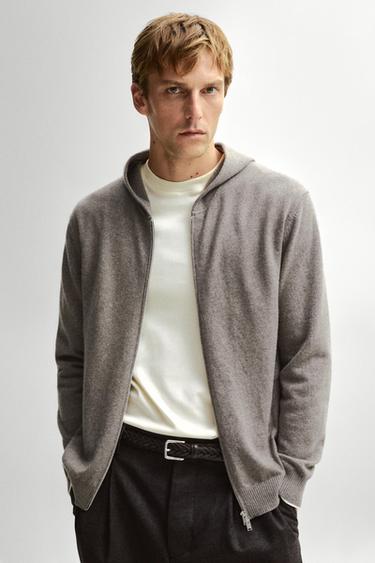 100% cashmere knit cardigan with hood — Dark khaki 1