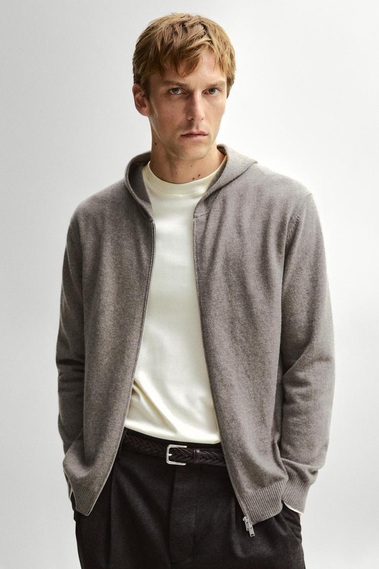 100% cashmere knit cardigan with hood — Dark khaki