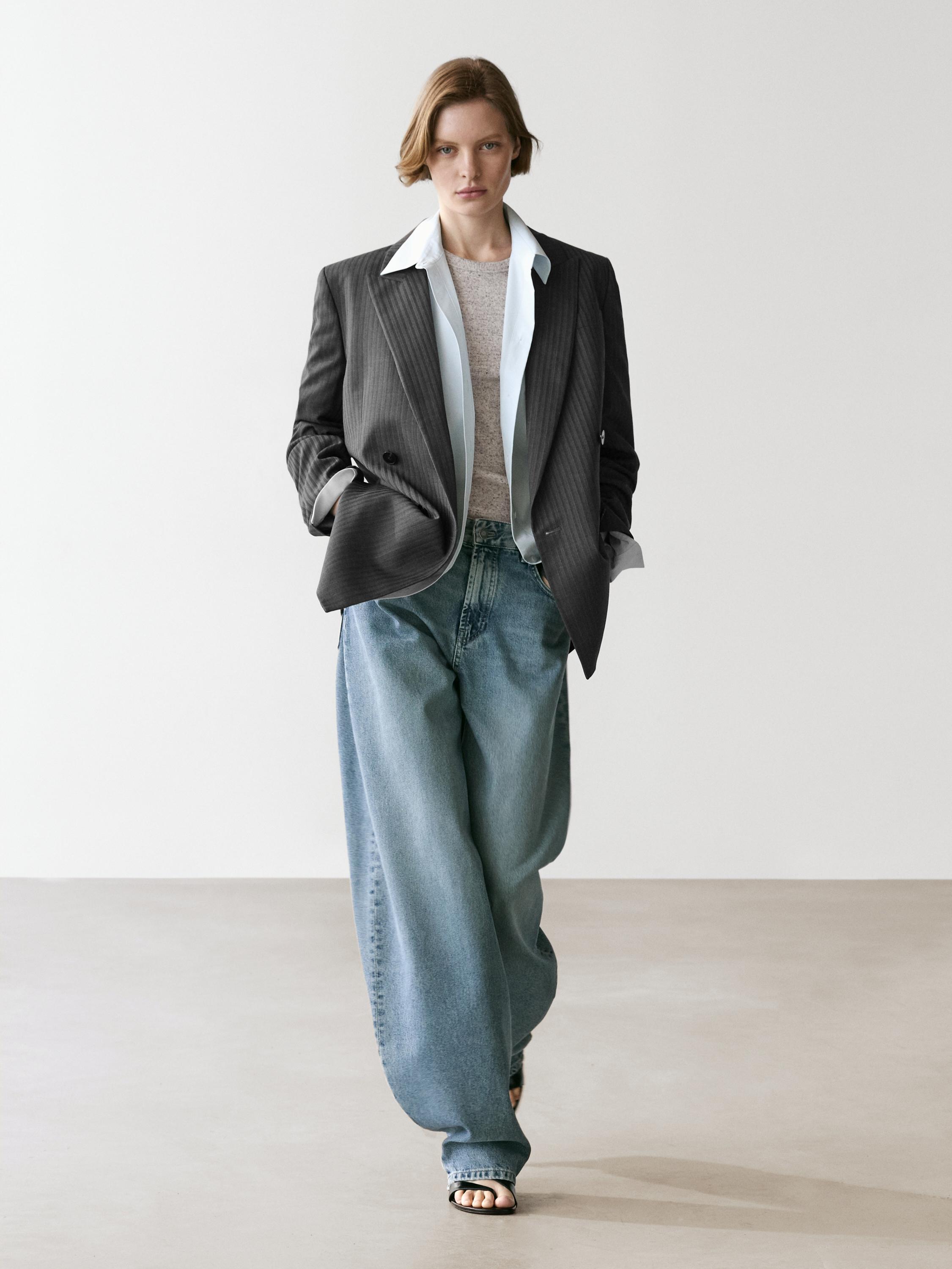 Pinstripe cool wool blend suit blazer — Gray