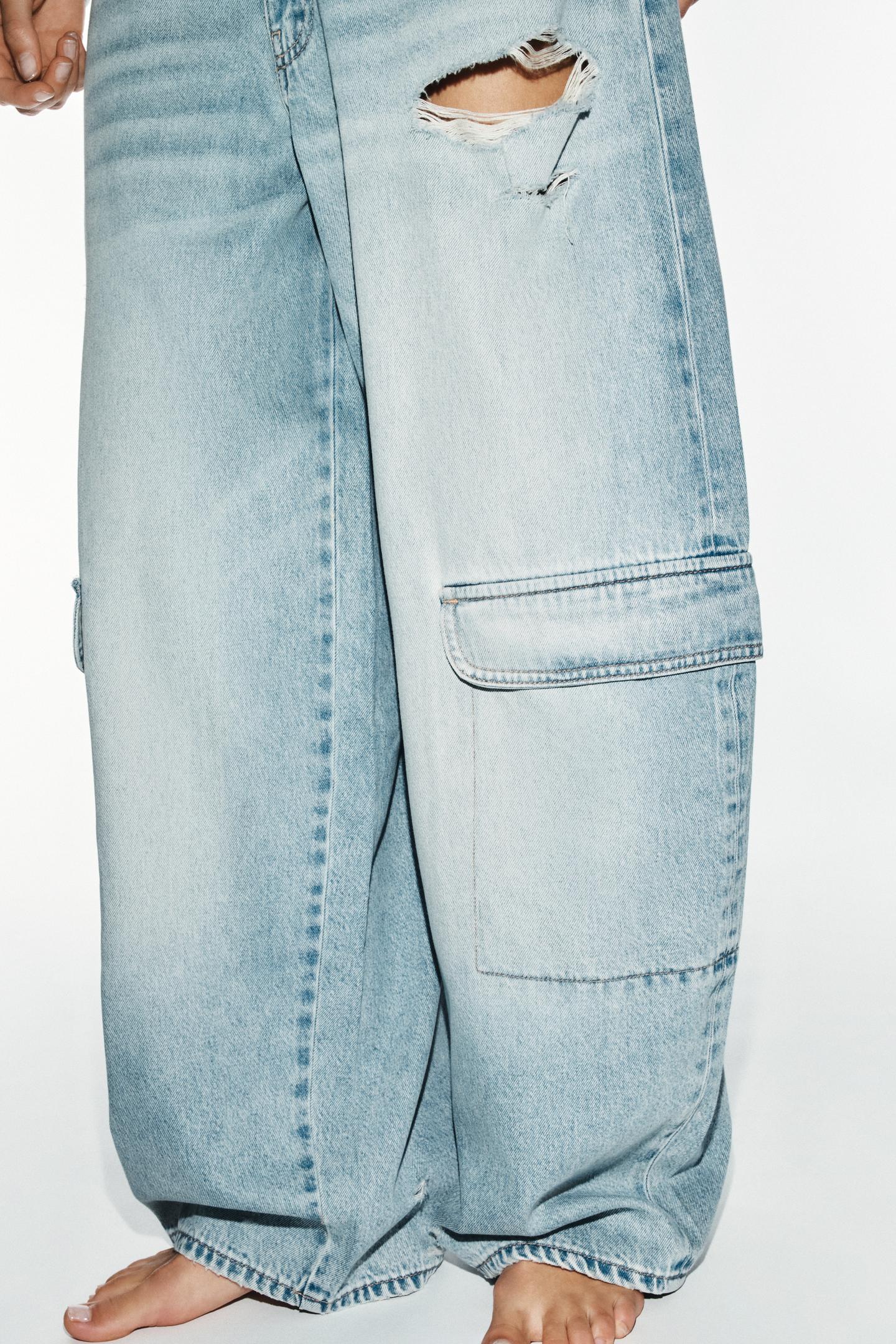 Женские джинсы Zara Mid-Rise Turned-Waistballoon Cargo, цвет: Светлый синий — фото 3