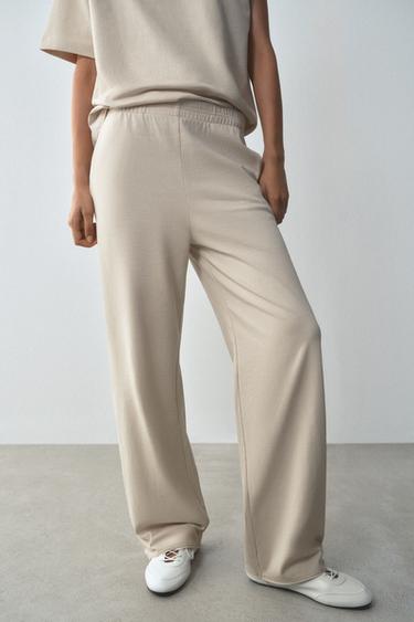 Zara STRAIGHT-LEG COTTON PANTS - Sand