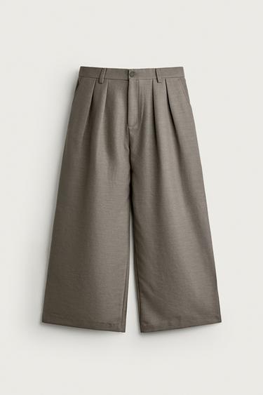 TEXTURED PLEATED RELAXED FIT TROUSERS - Grey green by Zara