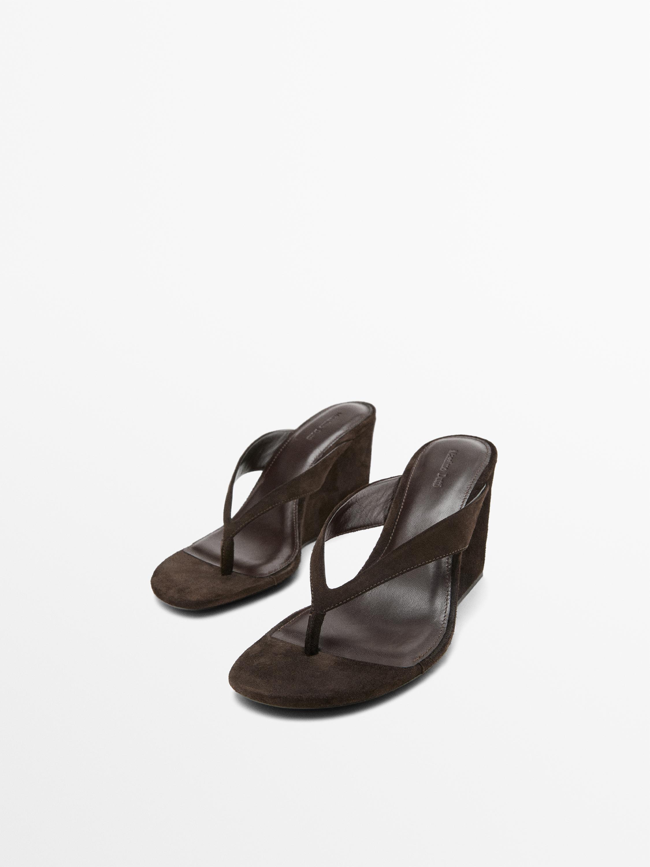 Split leather high-heel wedge sandals