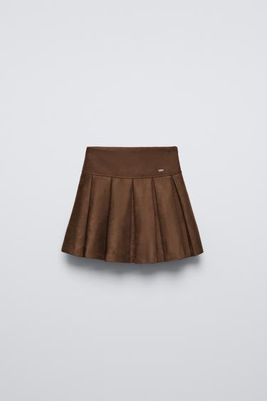 FAUX SUEDE BOX PLEAT SKIRT - Brown by Zara