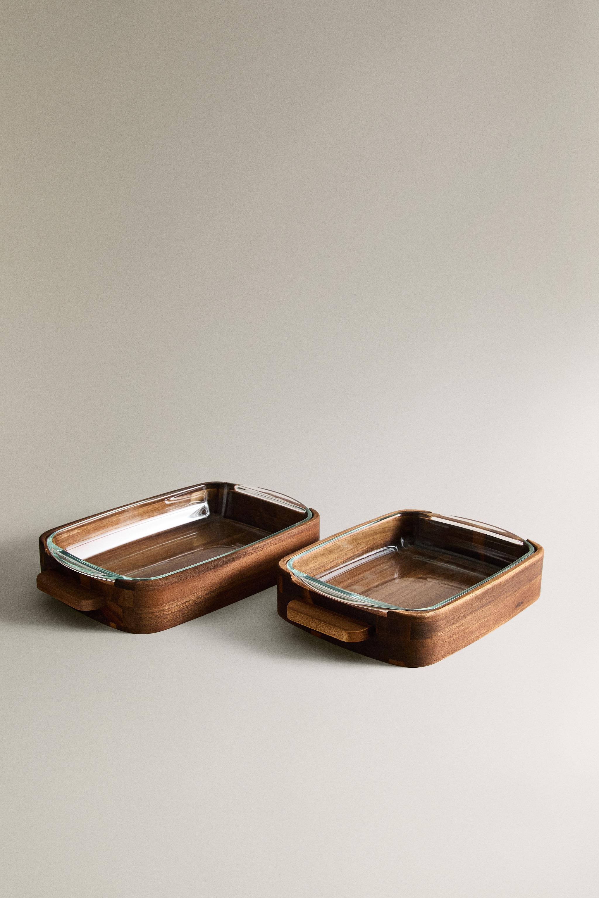 BOROSILICATE GLASS AND WOOD OVEN SERVING DISH — Brown