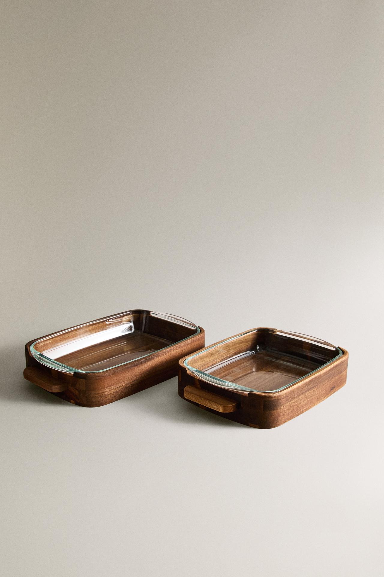 BOROSILICATE GLASS AND WOOD OVEN SERVING DISH — Brown