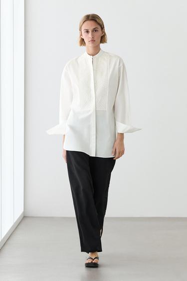 Zara 100% cotton poplin shirt with embroidered bib - White