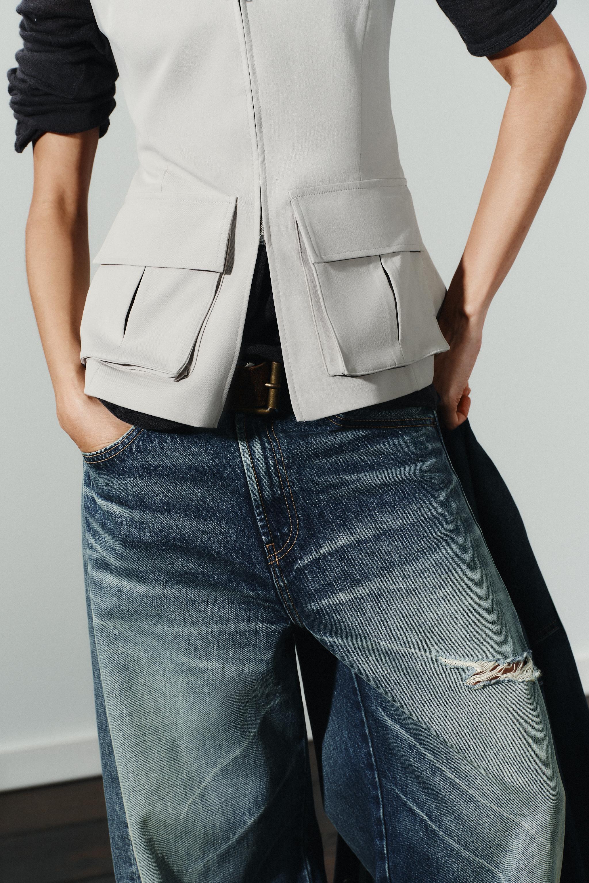 【美品】scallop pocket W zip vest バニラ LIS-Washed twill vest with front zipper and snap collar