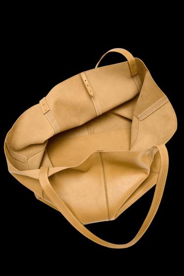 Zara LARGE LEATHER TOPSTITCHED SHOPPER - taupe brown