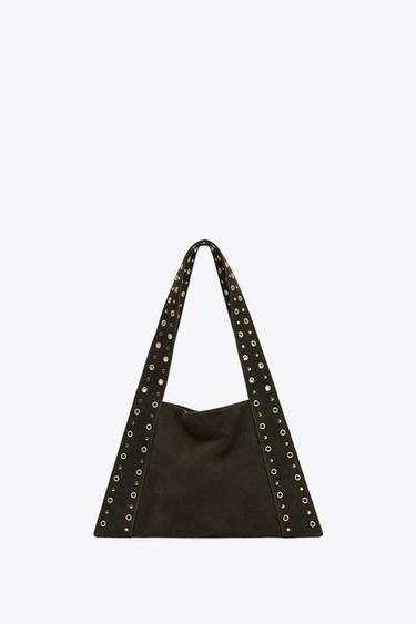 Zara SPLIT LEATHER STUDDED SHOULDER BAG - Chocolate