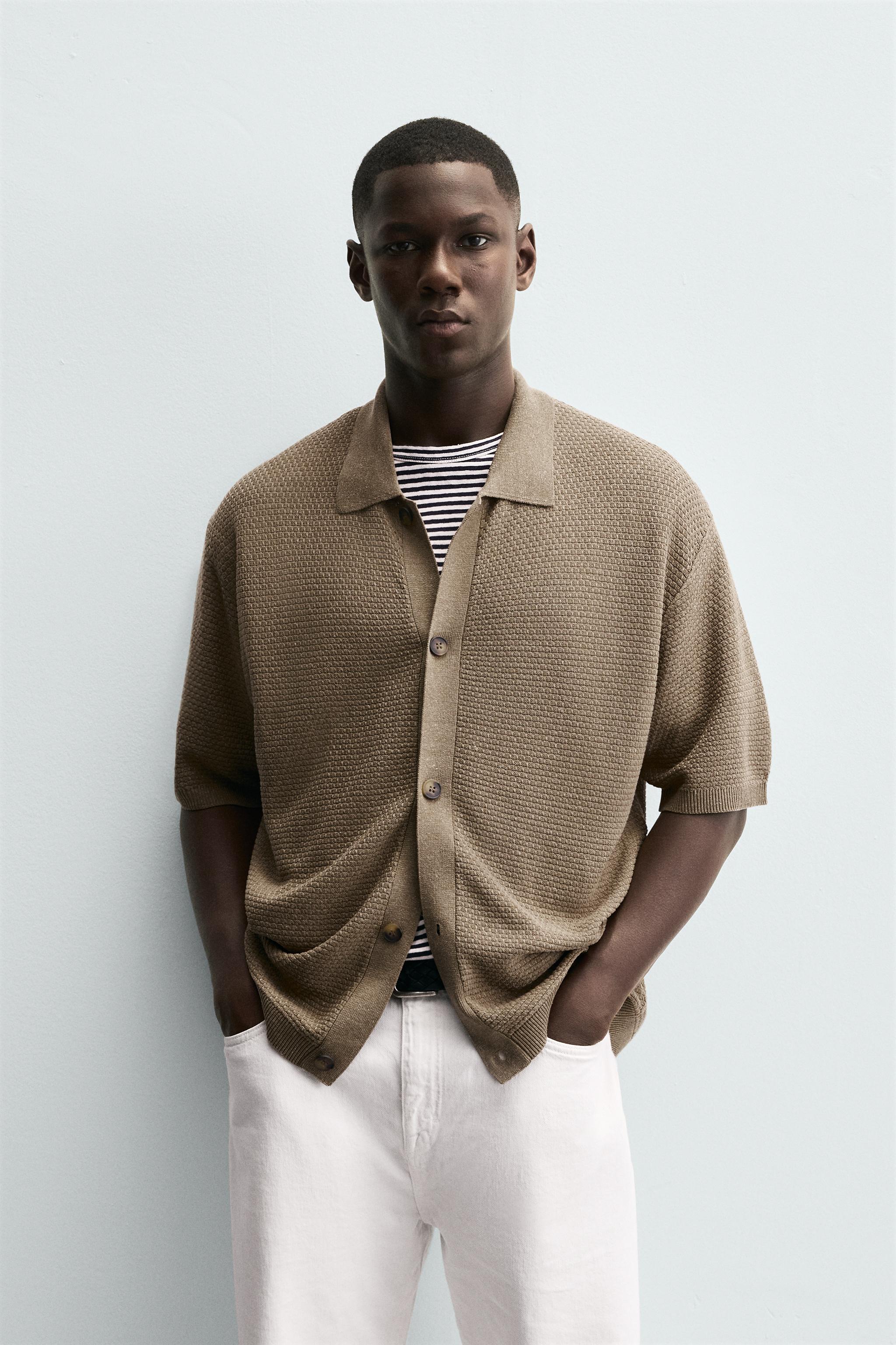 ZARA メンズ　コントラストカーディガン L ZARA コントラストシェニールカーディガン Lサイズ アウター