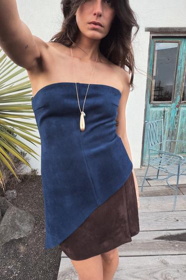 Zara ASYMMETRIC SUEDE EFFECT TOP - Mid-blue