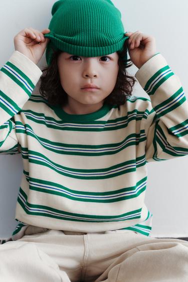 EMBROIDERED STRIPED T-SHIRT - White / Green by Zara